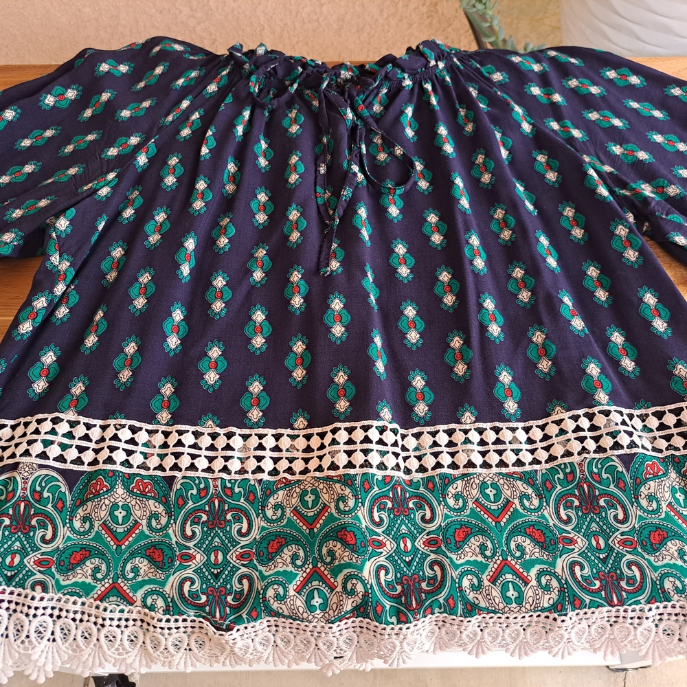 Bohemian Patterned Blouse with Lace Trim